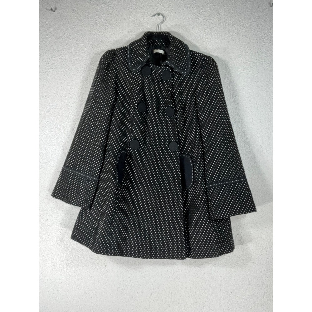 Promod Black Polka Dot Pea Coat - M - Double Breasted Retro Mod A-Line Jacket